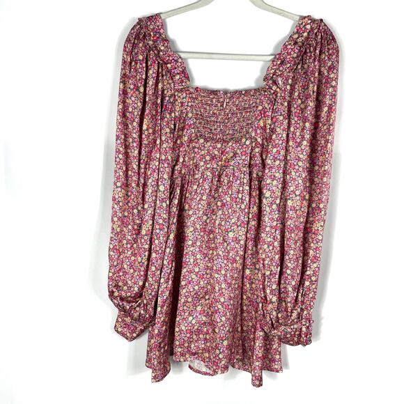 For Love‎ & Lemons Laurie Pink Floral Mini Dress Long Puff Sleeve Sz XS Satin - Picture 13 of 13